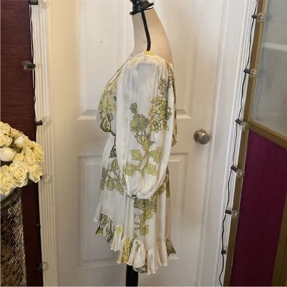 Roberto Cavalli White and Green Off-Shoulder silk Dress,
